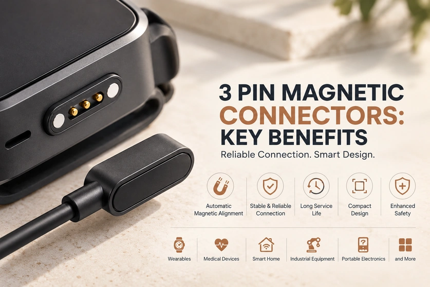 Three-contact magnetic charging interface and illustrated application features.
