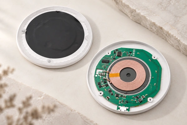 Opened circular charging cable housing showing its internal coil and connector.