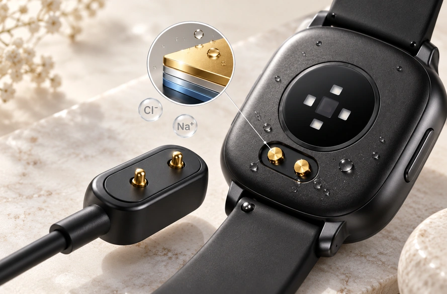 Two-contact earbud charging interface and an illustrative gold-layer corrosion cutaway.