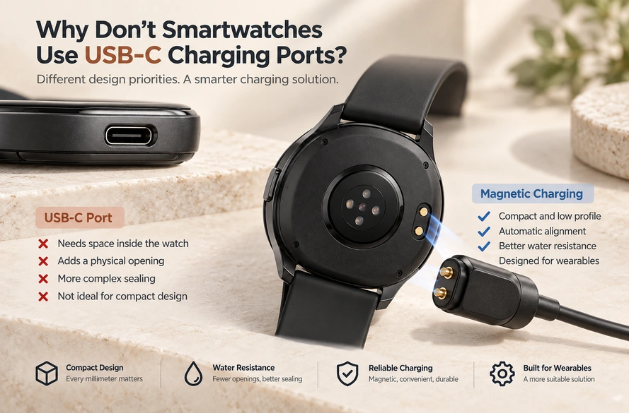 Two-contact smartwatch charging cable with an illustrated connection comparison.