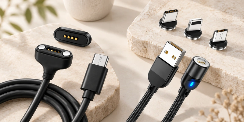 Magnetic charging connector pairs and USB-C, Lightning and Micro-USB adapters.