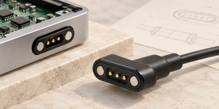 Three-contact magnetic charging interface with its device and mating components.