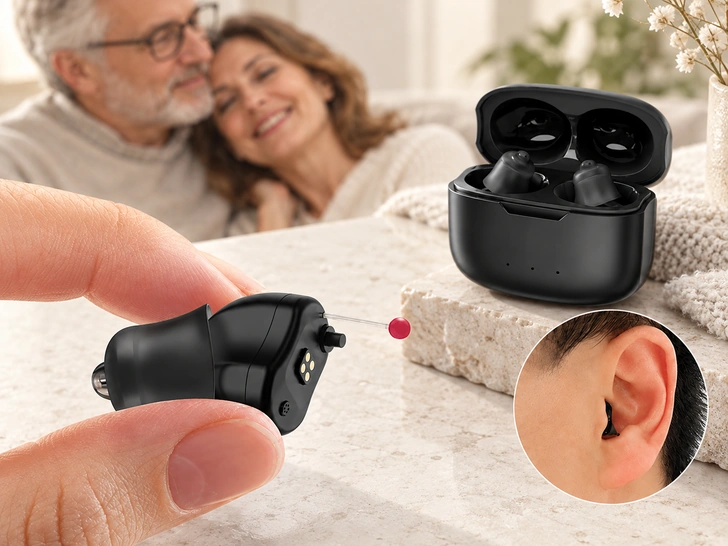 Hearing aid, charging case and ear fitting view in a bright home setting.