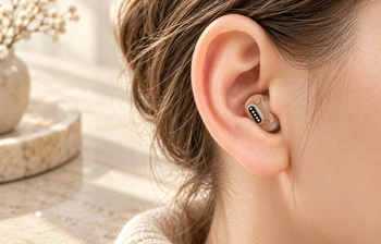 Five-contact hearing aid fitted in an ear.