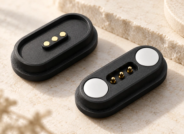 Three-contact magnetic connector pair with two end magnets and matching flat pads.