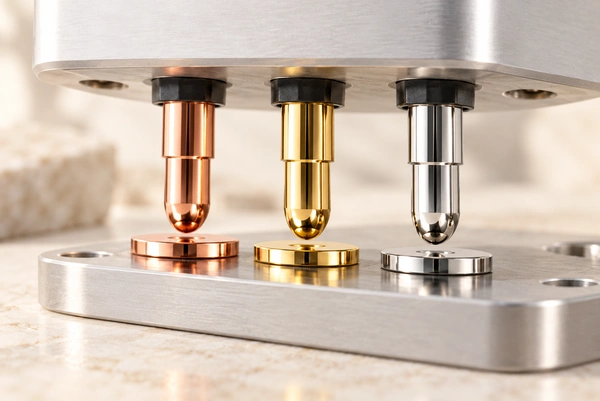 Illustrative copper, gold and silver contact pairs in matching mounting structures.