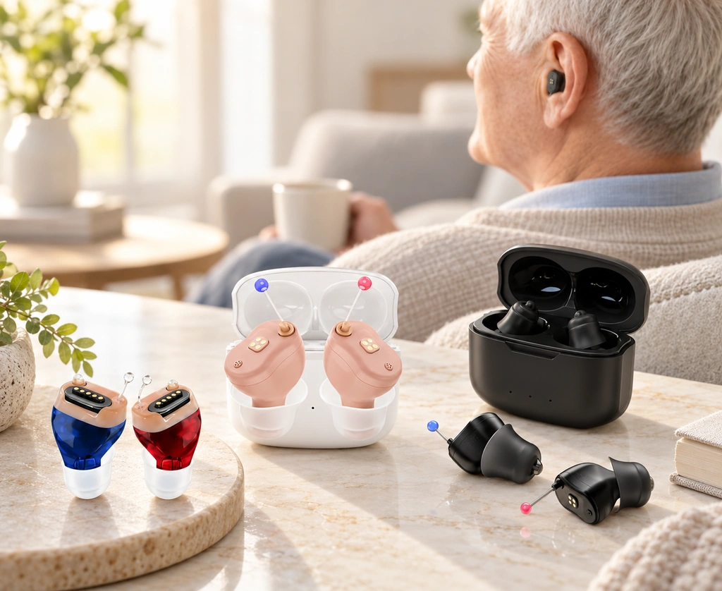 Hearing aids, charging cases and earbuds with an illustrative home application scene.