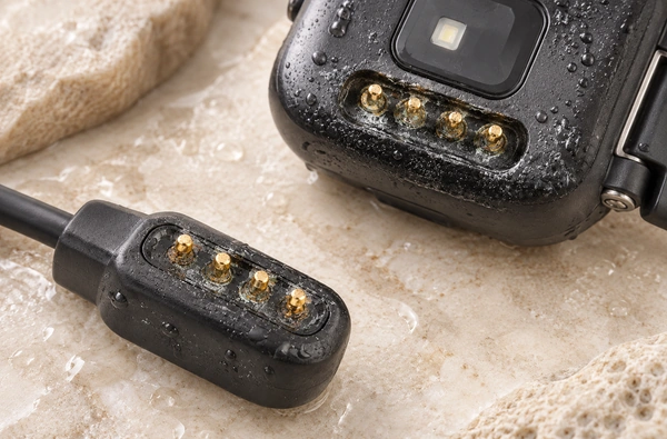 Four-contact smartwatch and magnetic cable showing wet, worn charging contacts.