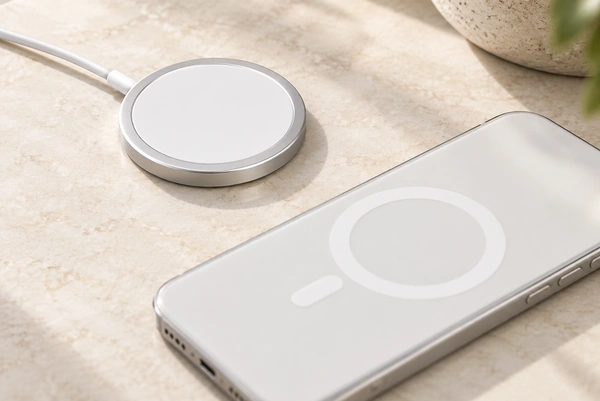 Circular magnetic charging puck beside a phone with a circular alignment mark.