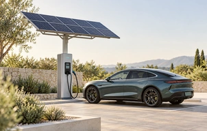 Illustrative solar-powered electric vehicle charging scene in a landscaped outdoor setting.