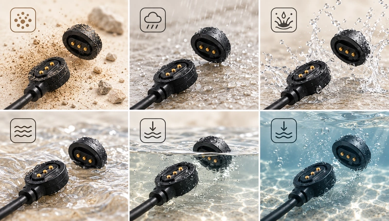 Six illustrative dust and water conditions for matching three-contact magnetic connectors.