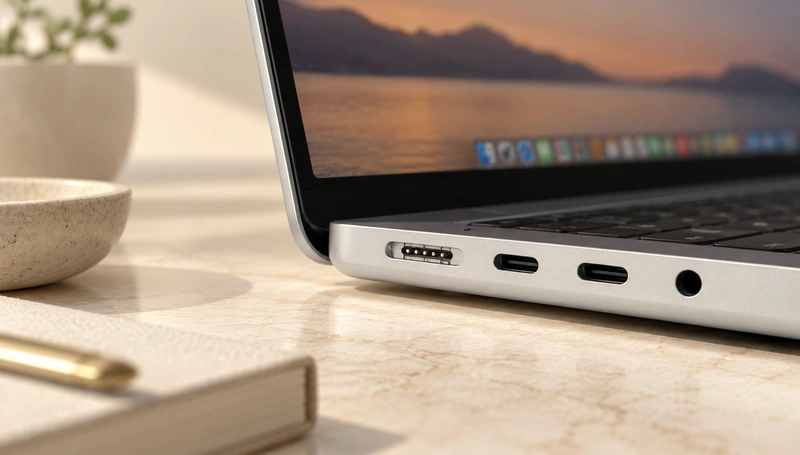 Laptop with a five-pad charging port, two USB-C ports and an audio socket.