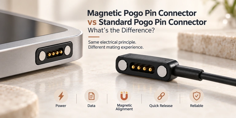 Illustrative four-contact magnetic connector comparison with power, data, alignment and release features.