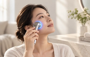 Illustrative skincare application with a silver circular-head handheld device in a bright home setting.