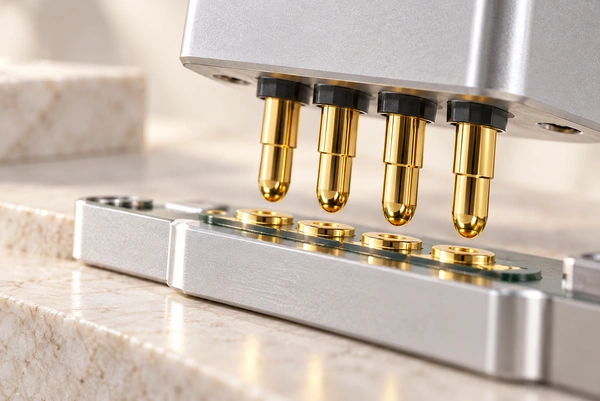 Four gold spring contacts aligned with four flat contact pads under silver mounting blocks.