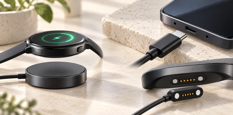 Illustrative five-contact magnetic, USB-C and circular wireless charging arrangements.
