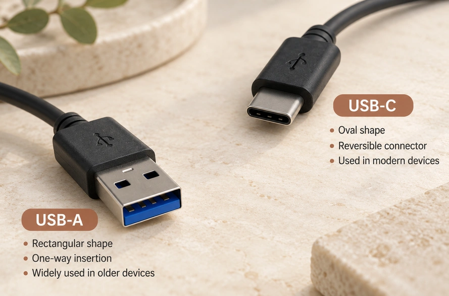 USB-A and USB-C plugs with their original shape, insertion and compatibility comparison labels.