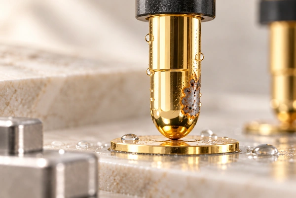 Corroded gold spring contact with water droplets touching a flat contact pad.