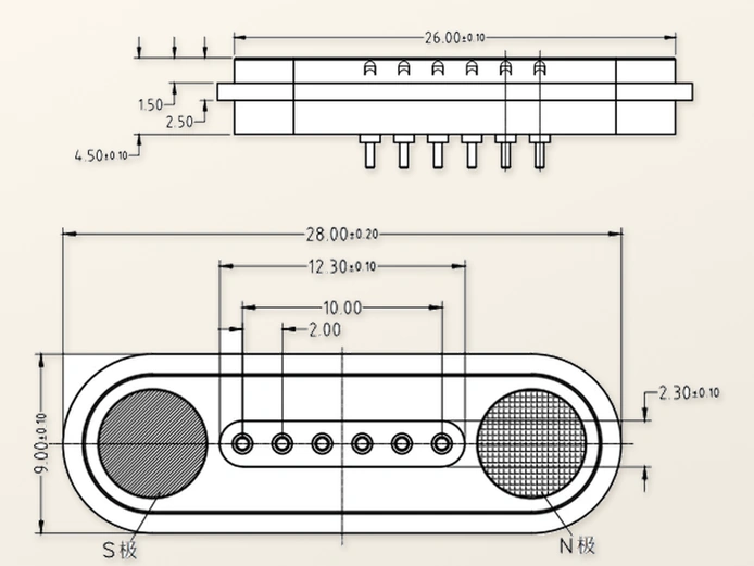Six-contact connector engineering views retaining all original dimensions, tolerances and magnetic pole annotations.