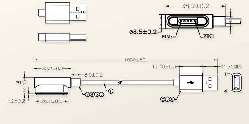 Five-contact magnetic cable engineering views retaining all original dimensions and annotations.