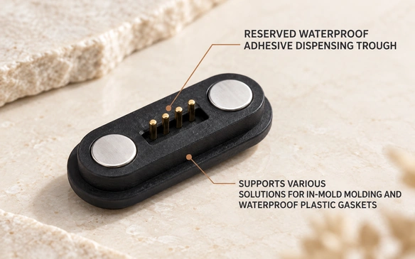 Four spring contacts with original waterproof adhesive trough and housing annotations.