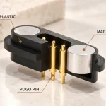 Three-contact connector cutaway identifying the plastic housing, magnets and pogo pins.