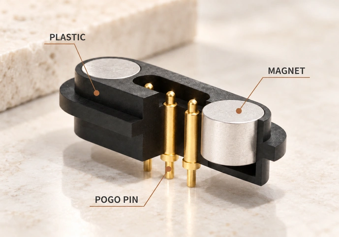 Three-contact connector cutaway identifying the plastic housing, magnets and pogo pins.