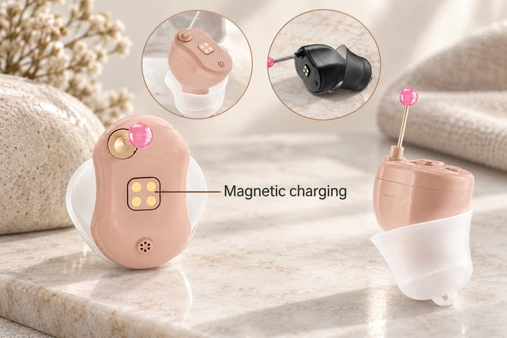 Four-pad hearing device charging interface with front, back, sleeve and adapter views.