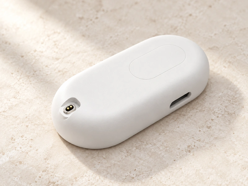 White oval device enclosure with a two-pad charging connection and side opening.