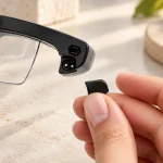 Smart glasses temple connection with two gold contacts and a detachable mating part.