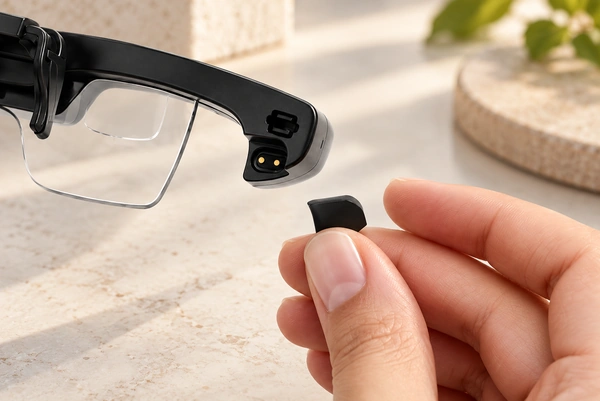 Smart glasses temple connection with two gold contacts and a detachable mating part.