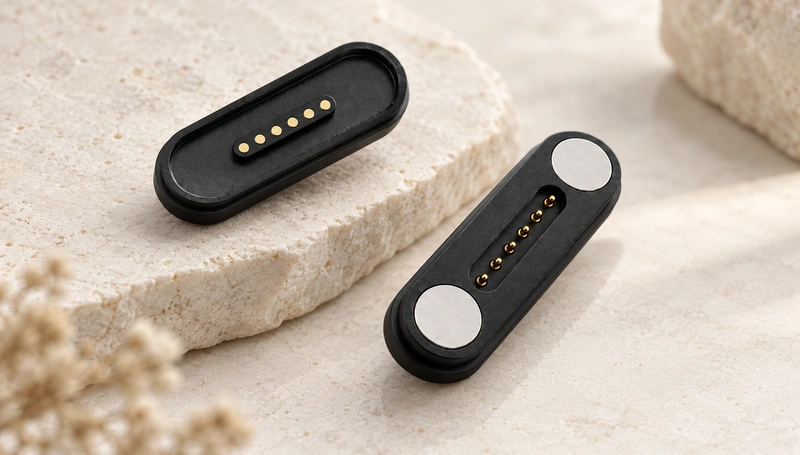 Six-contact magnetic connector and six-pad mating half.