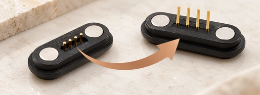 Four-contact magnetic connector front and rear views with four terminal tails.