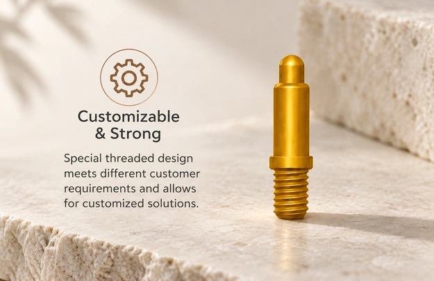 Threaded gold spring pin with the original customization and threaded design annotations.