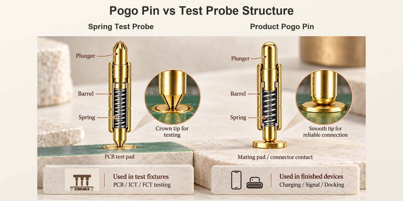 Spring test probe and product pogo pin cutaways with their original structural and application labels.