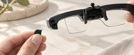Smart glasses with a two-contact temple interface and detached mating component.