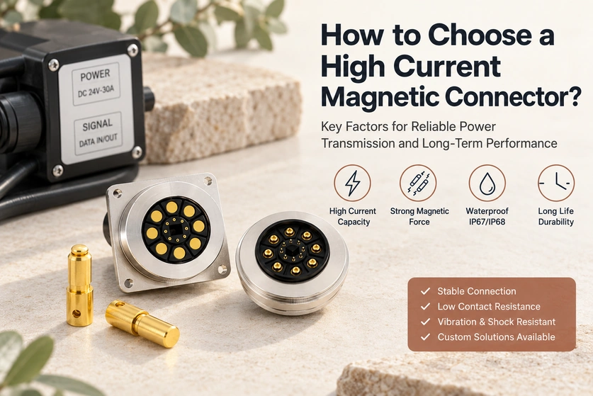 High-current magnetic connector pair and spring pins with the original selection features.