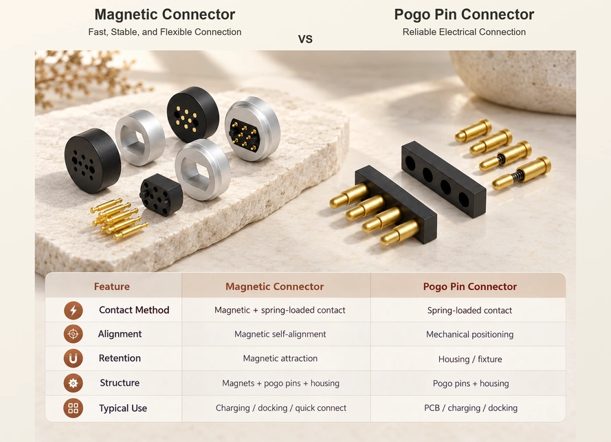 Magnetic and standard pogo connector structures with the original five-row comparison.