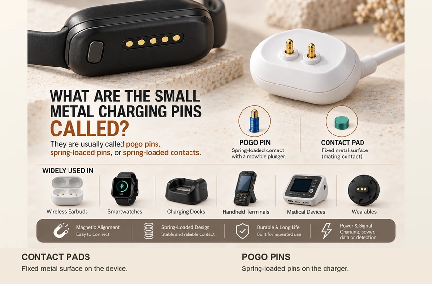 Five-pad wearable interface and two-pin charger with original contact definitions and application examples.