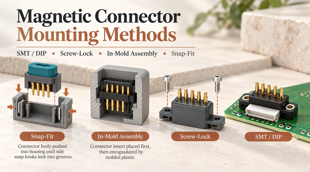 Snap-fit, in-mold, screw-lock and SMT or DIP mounting examples with original explanations.