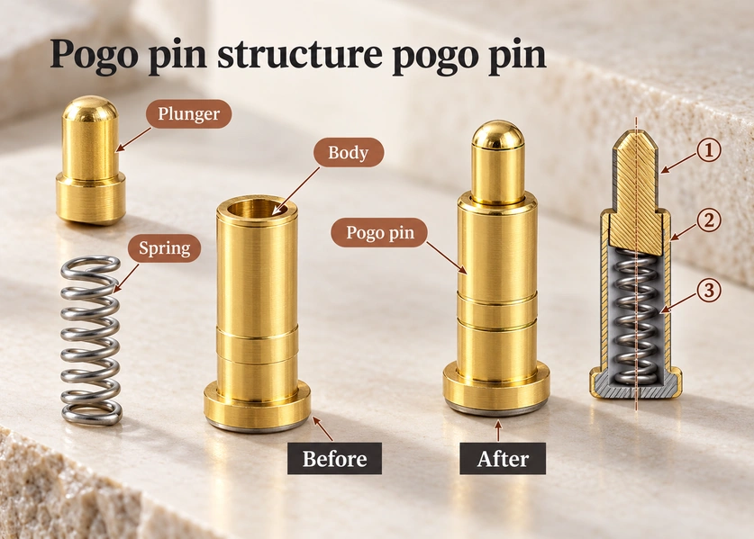 Spring pin plunger, spring, barrel, assembled pin and cutaway with original structural annotations.