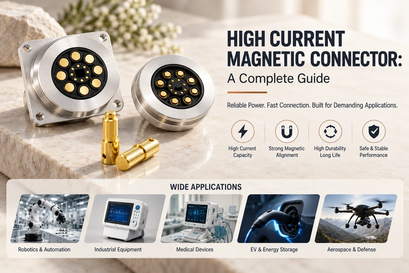 High-current magnetic connector pair with alignment and durability features and five application examples.