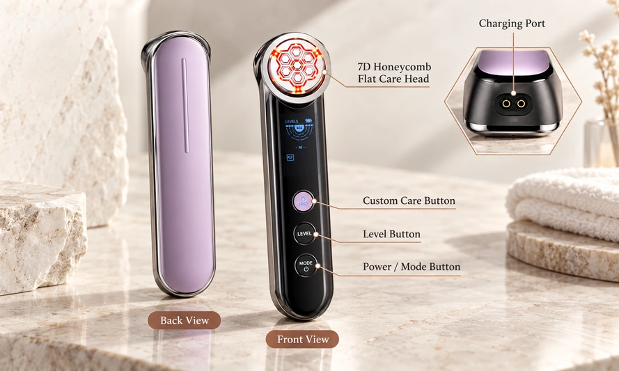 Beauty-device front and back views with two-contact charging port and original control labels.
