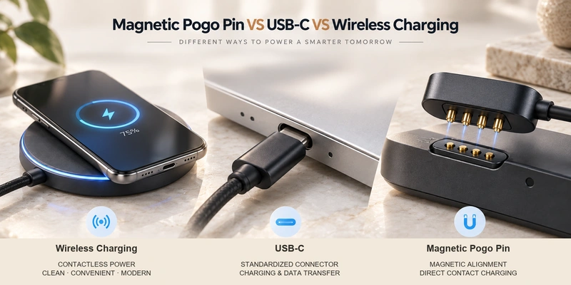 Wireless, USB-C and four-contact magnetic charging comparison with original explanations.