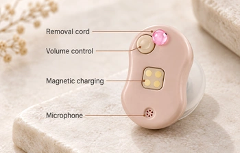 Four-pad hearing-device charging interface with original removal cord, volume and microphone labels.
