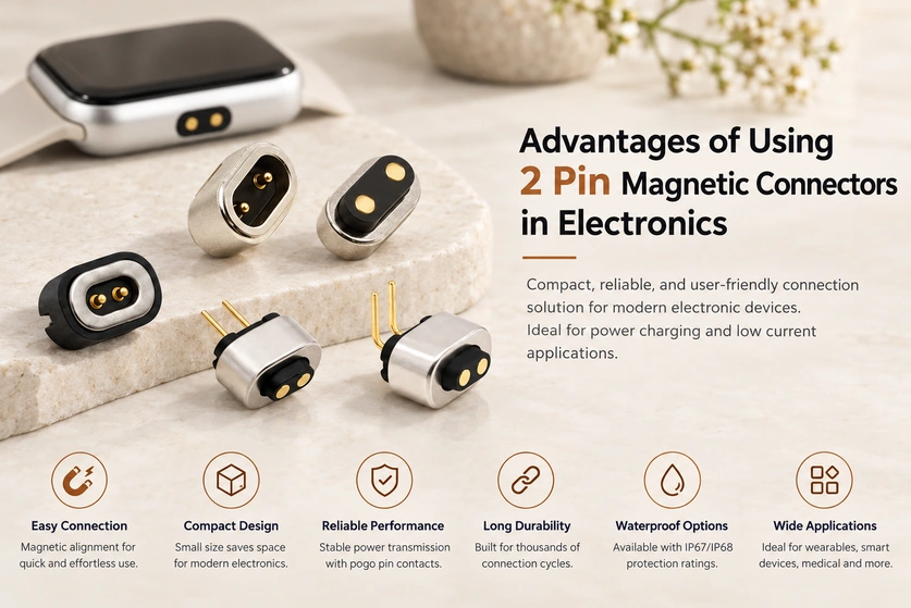 Two-contact magnetic connector types and wearable interface with six original feature explanations.