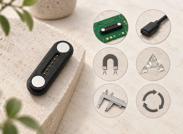 Six-contact magnetic connector with original PCB, cable, magnetic, water, measurement and cycle concepts.