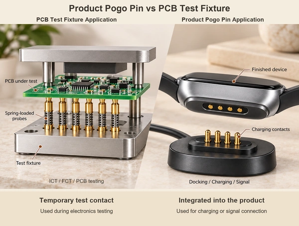 Product charging contacts versus PCB test fixture with original labels and correct explanations.
