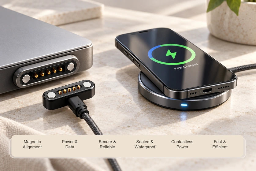 Five-contact magnetic charging and wireless phone charging, with correctly matched feature captions.