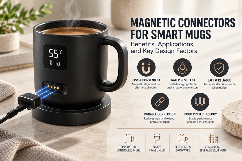 Four-contact smart mug charging illustration with original benefits and application descriptions.
